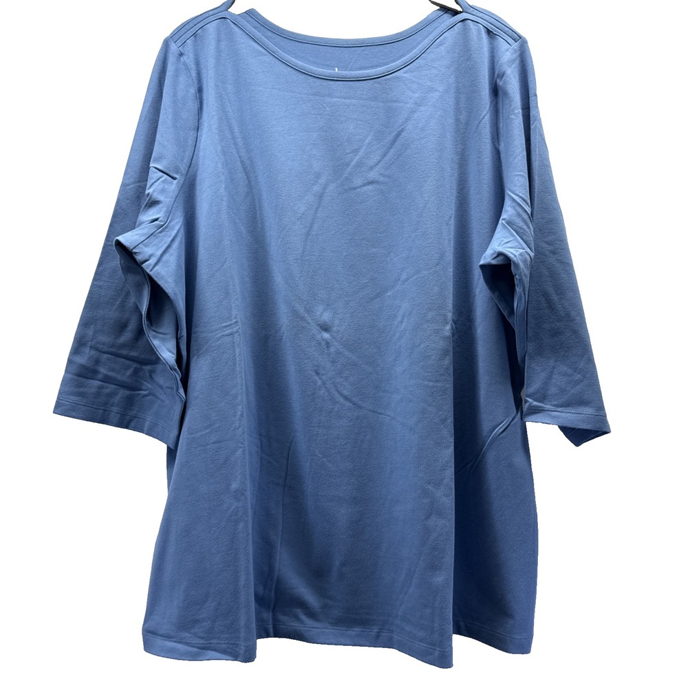 Denim & Co Women's Top Size 1X Plus Solid Blue 3/4 Sleeve Pullover Cotton Blend